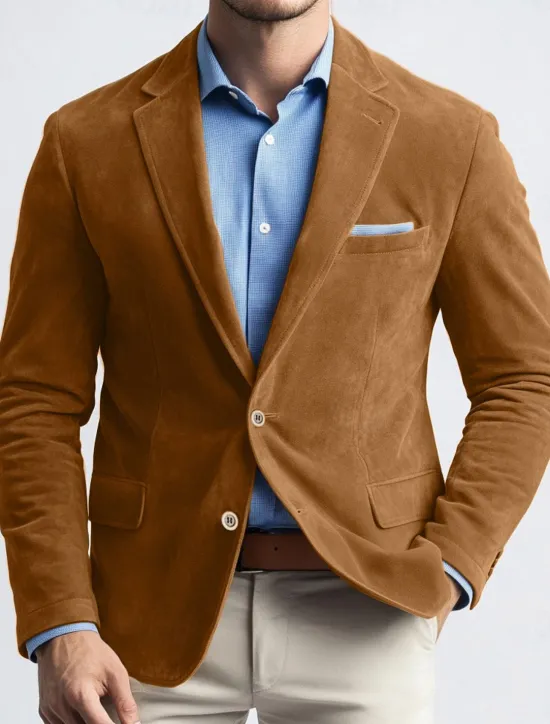 Online OUKU Men's Blazer Jacket Work Street Fashion Casual Fall / Winter Faux Suede Plain Pocket Buttons Comfortable Single Breasted Blazer Navy Blue Brown Green khaki
