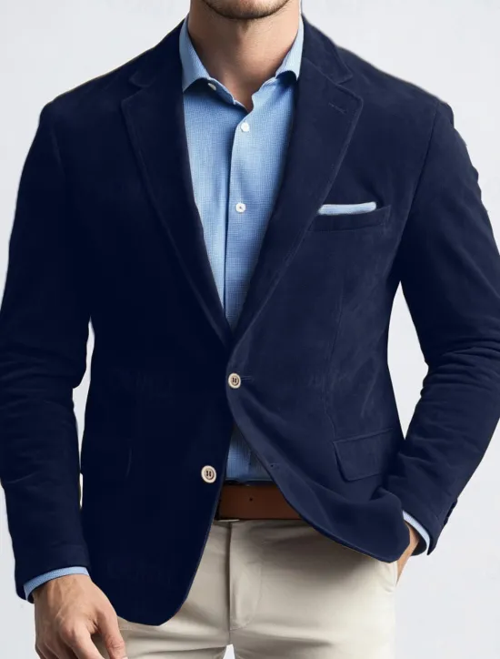 Online OUKU Men's Blazer Jacket Work Street Fashion Casual Fall / Winter Faux Suede Plain Pocket Buttons Comfortable Single Breasted Blazer Navy Blue Brown Green khaki