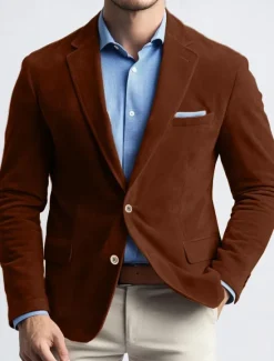 Online OUKU Men's Blazer Jacket Work Street Fashion Casual Fall / Winter Faux Suede Plain Pocket Buttons Comfortable Single Breasted Blazer Navy Blue Brown Green khaki