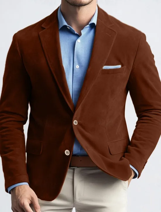 Online OUKU Men's Blazer Jacket Work Street Fashion Casual Fall / Winter Faux Suede Plain Pocket Buttons Comfortable Single Breasted Blazer Navy Blue Brown Green khaki