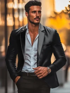 Hot OUKU Men's Blazer Office Work Street Pocket Fashion Casual Spring & Fall Polyester Faux Leather Plain Pocket Casual / Daily Single Breasted Blazer Black