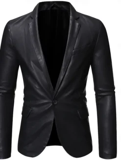 Hot OUKU Men's Blazer Office Work Street Pocket Fashion Casual Spring & Fall Polyester Faux Leather Plain Pocket Casual / Daily Single Breasted Blazer Black