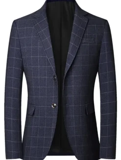 Clearance OUKU Men's Blazer Outdoor Daily Wear Warm Button Pocket Fall Winter Plaid Fashion Streetwear Lapel Regular Black Blue Light Blue Jacket