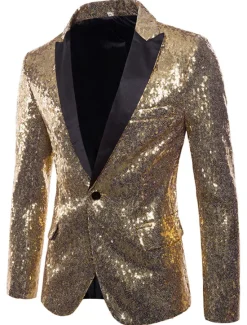 Clearance OUKU Men's Blazer Performance Cocktail Party Punk Fashion Spring Fall Sequin Solid Color Pocket Shining Single Breasted One-button Blazer Silver Black Red Blue
