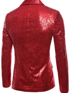 Clearance OUKU Men's Blazer Performance Cocktail Party Punk Fashion Spring Fall Sequin Solid Color Pocket Shining Single Breasted One-button Blazer Silver Black Red Blue