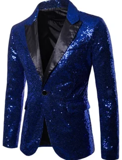 Clearance OUKU Men's Blazer Performance Cocktail Party Punk Fashion Spring Fall Sequin Solid Color Pocket Shining Single Breasted One-button Blazer Silver Black Red Blue
