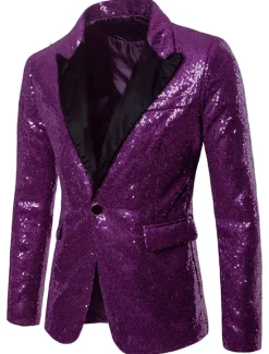 Clearance OUKU Men's Blazer Performance Cocktail Party Punk Fashion Spring Fall Sequin Solid Color Pocket Shining Single Breasted One-button Blazer Silver Black Red Blue