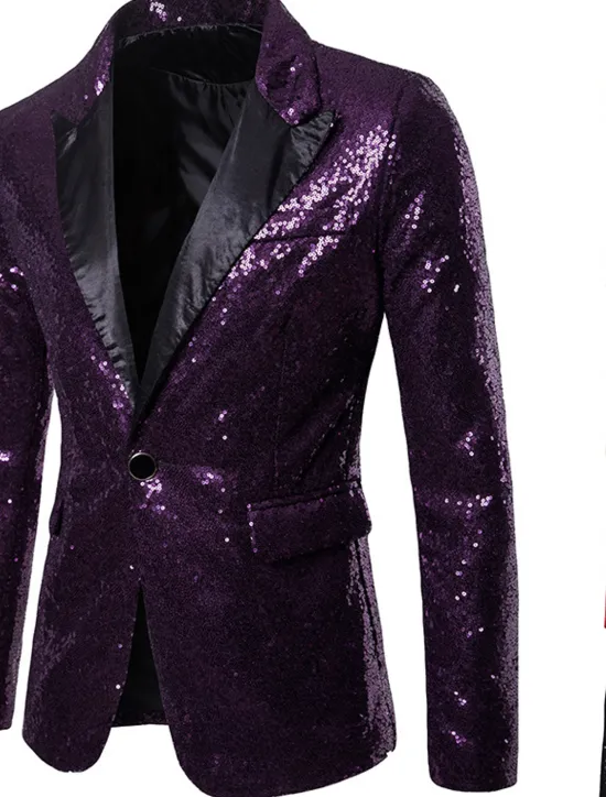 Clearance OUKU Men's Blazer Performance Cocktail Party Punk Fashion Spring Fall Sequin Solid Color Pocket Shining Single Breasted One-button Blazer Silver Black Red Blue