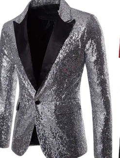 Clearance OUKU Men's Blazer Performance Cocktail Party Punk Fashion Spring Fall Sequin Solid Color Pocket Shining Single Breasted One-button Blazer Silver Black Red Blue