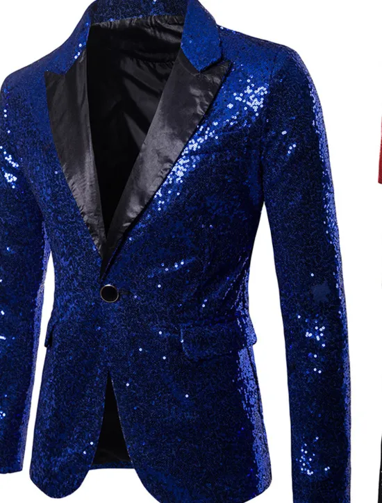 Clearance OUKU Men's Blazer Performance Cocktail Party Punk Fashion Spring Fall Sequin Solid Color Pocket Shining Single Breasted One-button Blazer Silver Black Red Blue