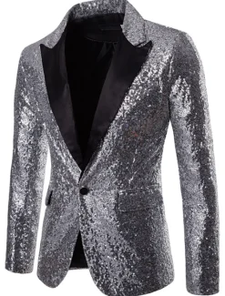 Clearance OUKU Men's Blazer Performance Cocktail Party Punk Fashion Spring Fall Sequin Solid Color Pocket Shining Single Breasted One-button Blazer Silver Black Red Blue