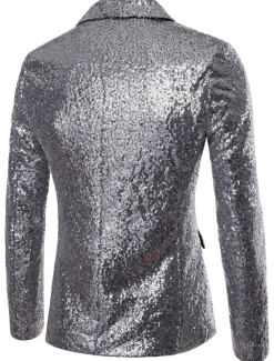 Clearance OUKU Men's Blazer Performance Cocktail Party Punk Fashion Spring Fall Sequin Solid Color Pocket Shining Single Breasted One-button Blazer Silver Black Red Blue