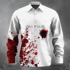 OUKU Men's Blood stains Halloween Costumes Button Up Shirt Long Sleeve Horror Party Evening Wear Fall Winter Spring & Summer Shirt Collar 3D Print Red