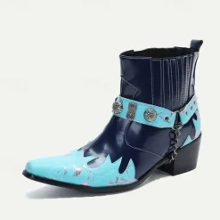 Discount OUKU Men's and Turquoise Leather Motorcycle Boots – Western Style Ankle Boots with Silver Buckle Detailing for Bold Fashion Blue