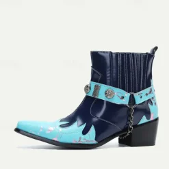 Discount OUKU Men's and Turquoise Leather Motorcycle Boots – Western Style Ankle Boots with Silver Buckle Detailing for Bold Fashion Blue