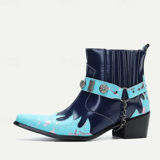 Discount OUKU Men's and Turquoise Leather Motorcycle Boots – Western Style Ankle Boots with Silver Buckle Detailing for Bold Fashion Blue