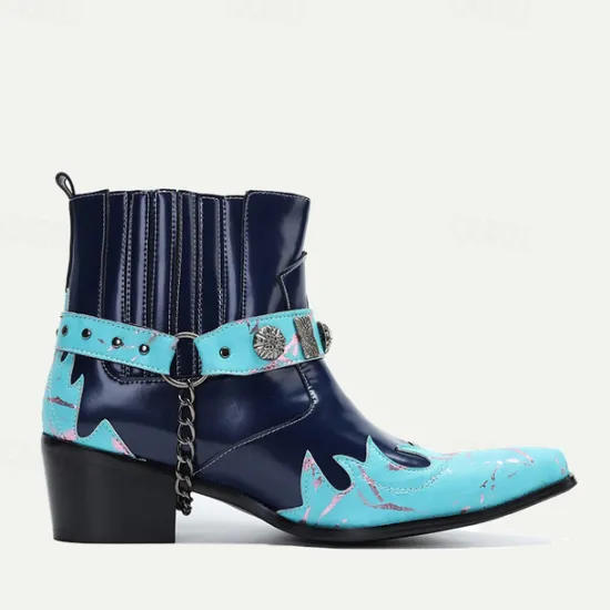 Discount OUKU Men's and Turquoise Leather Motorcycle Boots – Western Style Ankle Boots with Silver Buckle Detailing for Bold Fashion Blue