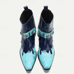 Discount OUKU Men's and Turquoise Leather Motorcycle Boots – Western Style Ankle Boots with Silver Buckle Detailing for Bold Fashion Blue