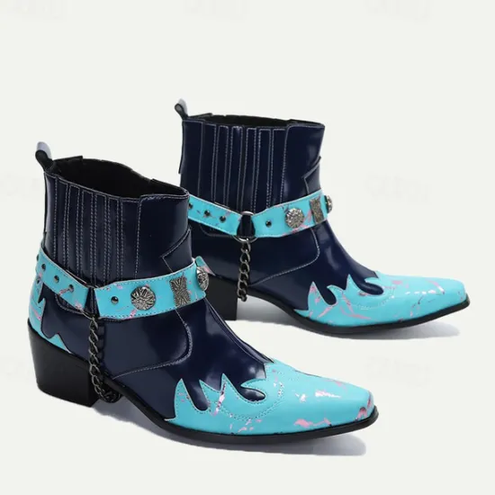 Discount OUKU Men's and Turquoise Leather Motorcycle Boots – Western Style Ankle Boots with Silver Buckle Detailing for Bold Fashion Blue