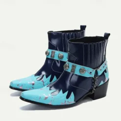 Discount OUKU Men's and Turquoise Leather Motorcycle Boots – Western Style Ankle Boots with Silver Buckle Detailing for Bold Fashion Blue