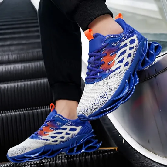 Hot OUKU Men's Blue Athletic Sneakers with Unique Hollow Sole Design, Breathable Knit Upper, and Flame Detail – Lightweight Running Shoes with Orange Accents
