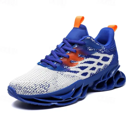 Hot OUKU Men's Blue Athletic Sneakers with Unique Hollow Sole Design, Breathable Knit Upper, and Flame Detail – Lightweight Running Shoes with Orange Accents