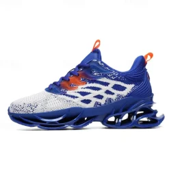 Hot OUKU Men's Blue Athletic Sneakers with Unique Hollow Sole Design, Breathable Knit Upper, and Flame Detail – Lightweight Running Shoes with Orange Accents