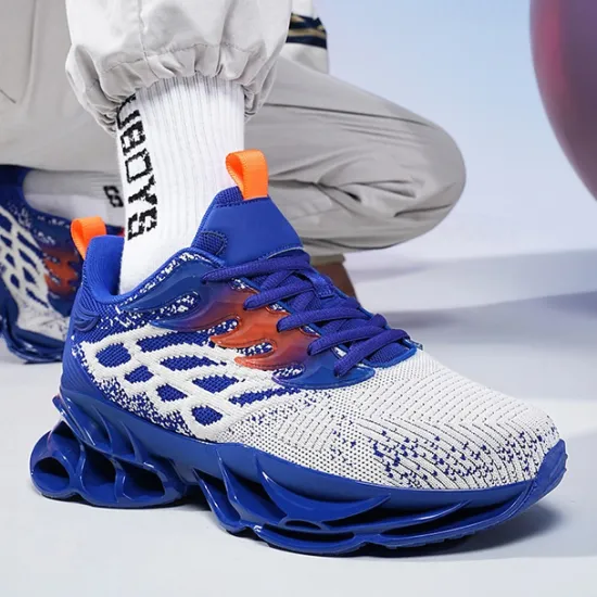 Hot OUKU Men's Blue Athletic Sneakers with Unique Hollow Sole Design, Breathable Knit Upper, and Flame Detail – Lightweight Running Shoes with Orange Accents