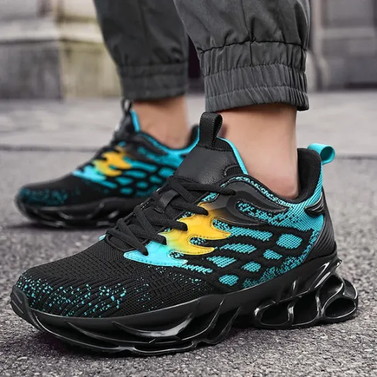 Hot OUKU Men's Blue Athletic Sneakers with Unique Hollow Sole Design, Breathable Knit Upper, and Flame Detail – Lightweight Running Shoes with Orange Accents