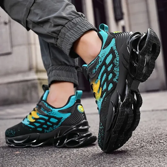 Hot OUKU Men's Blue Athletic Sneakers with Unique Hollow Sole Design, Breathable Knit Upper, and Flame Detail – Lightweight Running Shoes with Orange Accents