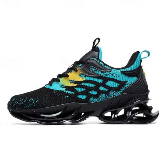 Hot OUKU Men's Blue Athletic Sneakers with Unique Hollow Sole Design, Breathable Knit Upper, and Flame Detail – Lightweight Running Shoes with Orange Accents