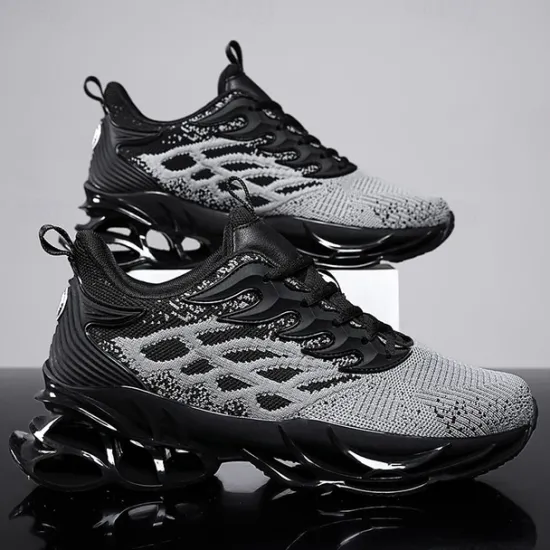 Hot OUKU Men's Blue Athletic Sneakers with Unique Hollow Sole Design, Breathable Knit Upper, and Flame Detail – Lightweight Running Shoes with Orange Accents