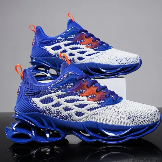 Hot OUKU Men's Blue Athletic Sneakers with Unique Hollow Sole Design, Breathable Knit Upper, and Flame Detail – Lightweight Running Shoes with Orange Accents