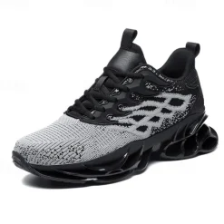 Hot OUKU Men's Blue Athletic Sneakers with Unique Hollow Sole Design, Breathable Knit Upper, and Flame Detail – Lightweight Running Shoes with Orange Accents