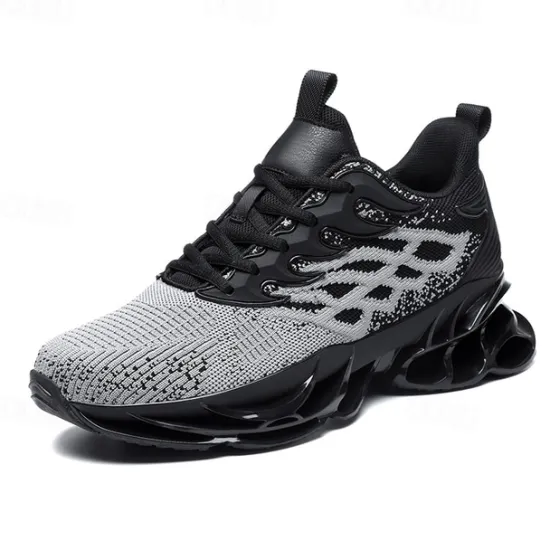 Hot OUKU Men's Blue Athletic Sneakers with Unique Hollow Sole Design, Breathable Knit Upper, and Flame Detail – Lightweight Running Shoes with Orange Accents