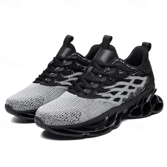 Hot OUKU Men's Blue Athletic Sneakers with Unique Hollow Sole Design, Breathable Knit Upper, and Flame Detail – Lightweight Running Shoes with Orange Accents