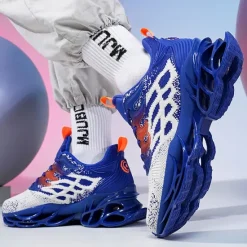 Hot OUKU Men's Blue Athletic Sneakers with Unique Hollow Sole Design, Breathable Knit Upper, and Flame Detail – Lightweight Running Shoes with Orange Accents