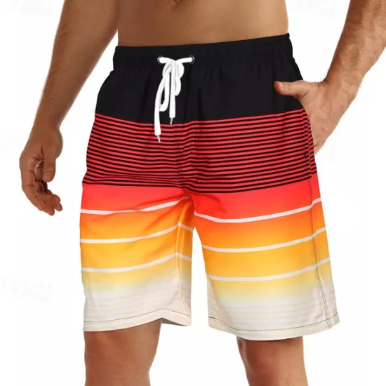 Hot OUKU Men's Board Shorts Swim Shorts Swim Trunks Summer Shorts Beach Shorts Drawstring with Mesh lining Elastic Waist Graphic Stripe Breathable Quick Dry Short Casual Daily Holiday Hawaiian Boho Red Blue