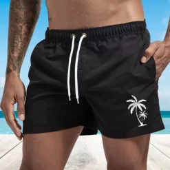 OUKU Men's Board Shorts Swim Shorts Swim Trunks Drawstring with Mesh lining Elastic Waist Coconut Tree Comfort Quick Dry Short Holiday Beach Weekend Fashion Casual Black White Micro-elastic
