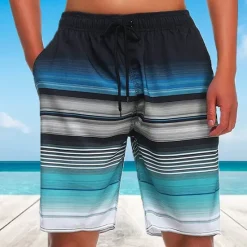 New OUKU Men's Board Shorts Swim Shorts Swim Trunks Drawstring with Mesh lining Elastic Waist Gradient Stripe Quick Dry Short Casual Daily Holiday Hawaiian Boho Blue Orange Micro-elastic