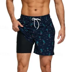Clearance OUKU Men's Board Shorts Swim Shorts Swim Trunks Drawstring Elastic Waist With Compression Liner Flamingo Coconut Tree Comfort Quick Dry Short Holiday Beach Weekend Fashion Casual Black White Micro-elastic