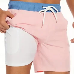 Best OUKU Men's Board Shorts Swim Shorts Swim Trunks Daily Beach Breathable Quick Dry Drawstring Drawstring Elastic Waist Liner Color Block Short Sport Casual Activewear Pink Red Micro-elastic