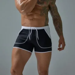 Sale OUKU Men's Board Shorts Swim Shorts Swim Trunks Patchwork Drawstring Elastic Waist Color Block Comfort Quick Dry Short Holiday Beach Weekend Fashion Casual Lake blue Black Micro-elastic