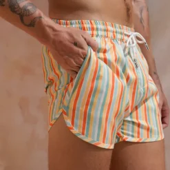 Outlet OUKU Men's Board Shorts Swim Shorts Swim Trunks Shorts Drawstring Elastic Waist Striped Comfort Quick Dry Short Daily Holiday Swimming Pool Fashion Casual Yellow Pink Micro-elastic