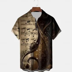 New OUKU Men's Boardmasters Guitar Musical Notes Shirt Summer Shirt Button Up Shirt Short Sleeve Vintage Retro Outdoor Vacation Dailywear Summer Spring Turndown 3D Print Collared Shirts Front One Pocket Brown