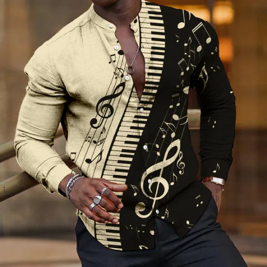 Best OUKU Men's Boardmasters Music Notes Shirt Button Up Shirt Long Sleeve Fashion Streetwear Designer Outdoor Casual Daily Summer Spring Fall Stand Collar Print White Pink Blue Green Khaki