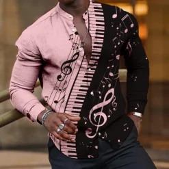 Best OUKU Men's Boardmasters Music Notes Shirt Button Up Shirt Long Sleeve Fashion Streetwear Designer Outdoor Casual Daily Summer Spring Fall Stand Collar Print White Pink Blue Green Khaki