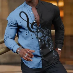 Discount OUKU Men's Boardmasters Music Notes Shirt Button Up Shirt Long Sleeve Fashion Streetwear Designer Outdoor Casual Daily Summer Spring Fall Stand Collar Print Pink Blue Green Khaki Gray