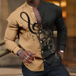 Discount OUKU Men's Boardmasters Music Notes Shirt Button Up Shirt Long Sleeve Fashion Streetwear Designer Outdoor Casual Daily Summer Spring Fall Stand Collar Print Pink Blue Green Khaki Gray