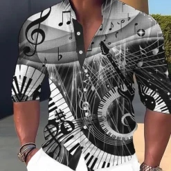 Outlet OUKU Men's Boardmasters Music Notes Shirt Button Up Shirt Long Sleeve Fashion Streetwear Designer Outdoor Casual Daily Summer Spring Fall Stand Collar Print Yellow Blue Purple Green Gray